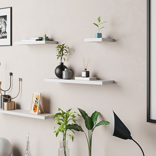 Flexi Storage Decorative Shelving Floating Shelf White Matte 250 x 250 x 38mm fitted on wall with decorations