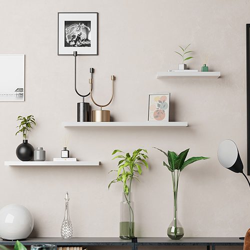 Flexi Storage Decorative Shelving Floating Shelf White Gloss 900 x 240 x 38mm fitted on wall with decorations on top