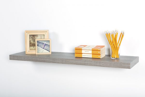 Flexi Storage Decorative Shelving Floating Shelf Grey Oak 900 x 240 x 38mm fitted on wall with decorations on top
