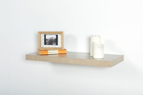 Flexi Storage Decorative Shelving Floating Shelf Oak 600 x 240 x 38mm fitted on wall with decorations on top