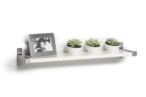 Flexi Storage Decorative Shelving Style Shelf White Gloss 900 x 190 x 24mm fitted on wall with decorations on top
