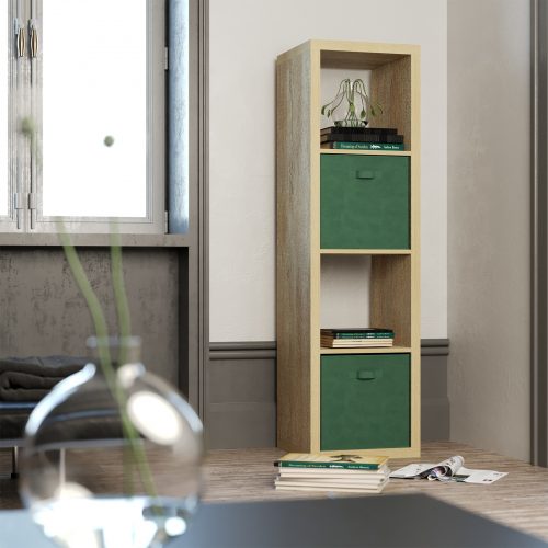 Flexi Storage Clever Cube 1 x 4 Cube Oak Storage Unit Lifestyle with Green Inserts in Living Room