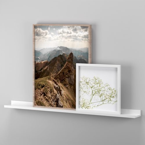 Flexi Storage Decorative Shelving Photo Shelf 900x100x35mm fitted on wall with decorations on the shelf