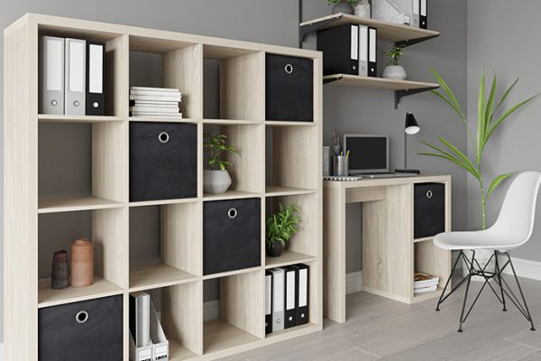 Flexi Storage Clever Cube 4 x 4 Cube Oak Storage Unit used in a home office
