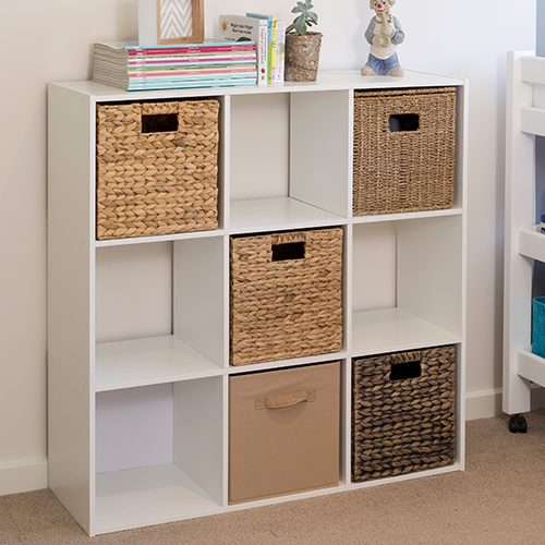 Flexi Storage Clever Cube Compact Insert Coffee inserted into 3x3 Unit White in kids bedroom