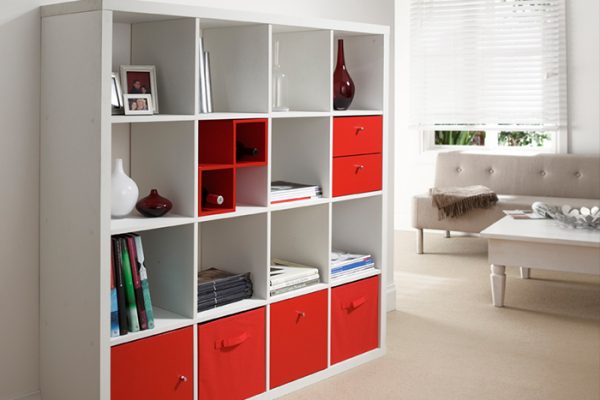 Flexi Storage Clever Cube Timber Insert Divider Red fitted inside Clever Cube 4x4 Unit White in lounge room