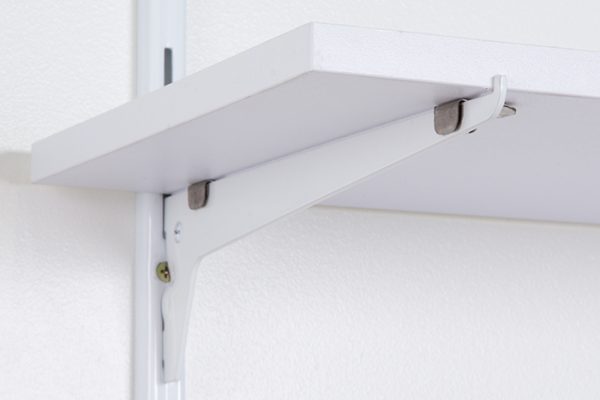 Flexi Storage Home Solutions 145mm Single Slot Wall Strip White mounted on wall fitted with Single Slot Bracket and Timber Shelf