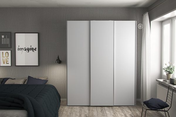 Flexi Storage Wardrobe 3 Door Sliding Wardrobe Frame White in bedroom fitted with High Gloss White Doors