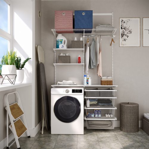 Flexi Storage Home Solutions Timber Shelf White 600x250x16mm mounted on Home Solutions Double Slot System and used as shelving in a study setup in a laundry