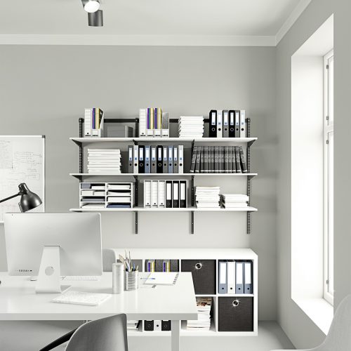 Flexi Storage Home Solutions Timber Shelf White 900x200x16mm mounted on Home Solutions Double Slot System and used as shelving in office setup