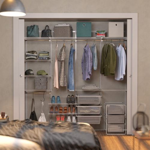 Flexi Storage Hom e Solutions Double Slot Wall Strip White installed on wall and combined with Home Solutions products to create wardrobe storage