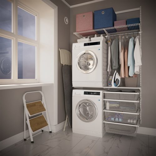 Flexi Storage Home Solutions Double Slot Wall Strip White installed on wall and combined with Home Solutions products to create a laundry