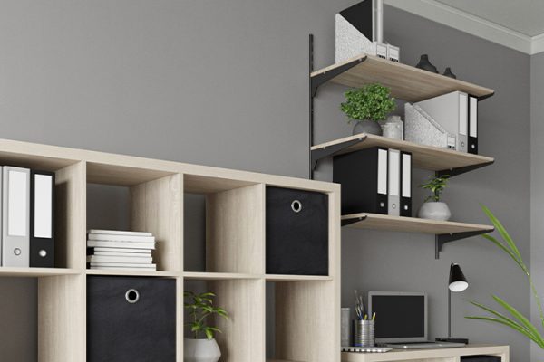 Flexi Storage Home Solutions Single Slot Wall Strip Black installed on wall and combined with Single Slot Brackets and Timber Shelving in a home office