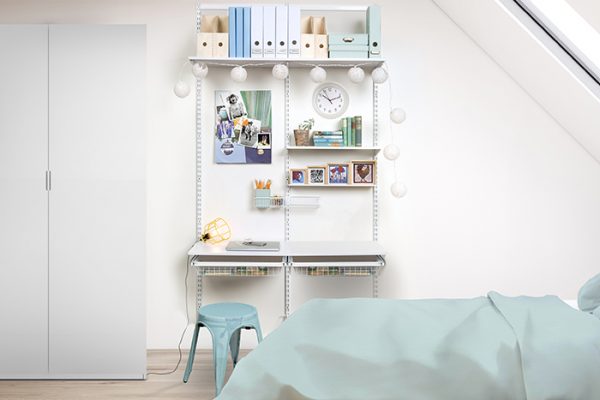Flexi Storage Home Solutions Timber Shelf White 600x250x16mm mounted on Home Solutions Double Slot System and used as shelving in a study setup in a bedroom