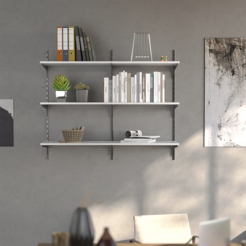 Flexi Storage Home Solutions Single Slot Wall Strip Black installed on wall and combined with Single Slot Brackets and Timber Shelving in a bedroom