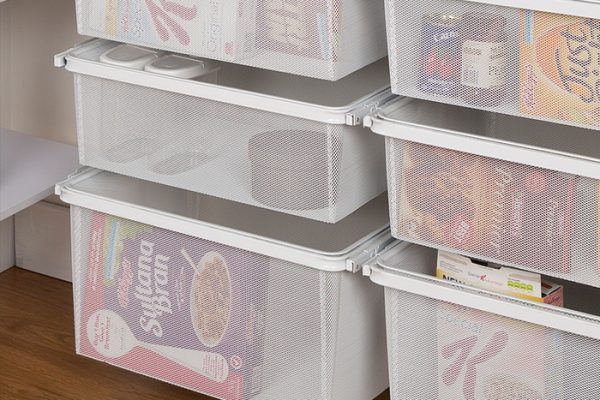 Flexi Storage Home Solutions Full Width Mesh Basket 3 Runner 285mm fitted to Sliding Basket Frame in a pantry