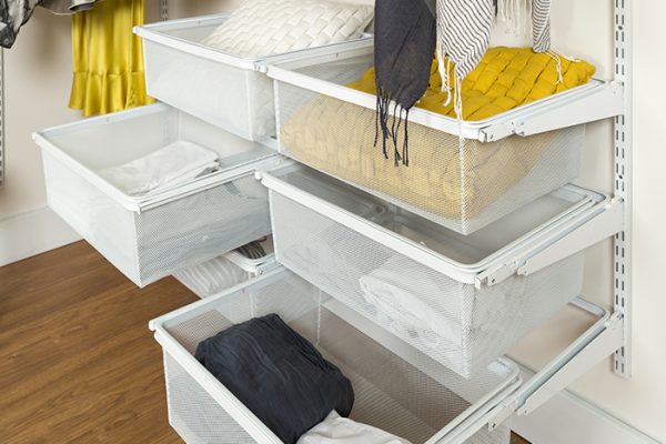 Flexi Storage Home Solutions Sliding Basket Frame White fitted as a series of drawers in a wardrobe setup