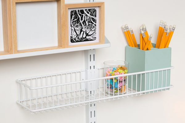 Flexi Storage Home Solutions Small Storage Basket White fitted on Double Slot Wall Strip and used for stationary storage