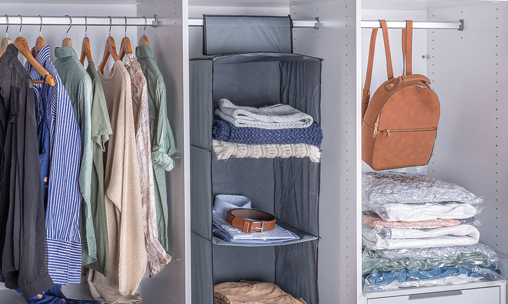 Flexi Storage Hanging Organiser & Vacuum Storage Bags in a wardrobe