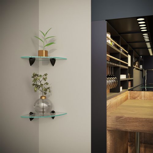 Flexi Storage Decorative Shelving Mini Shelf Clip Matt Black 2 Pack installed onto wall and supporting a glass shelf - side view