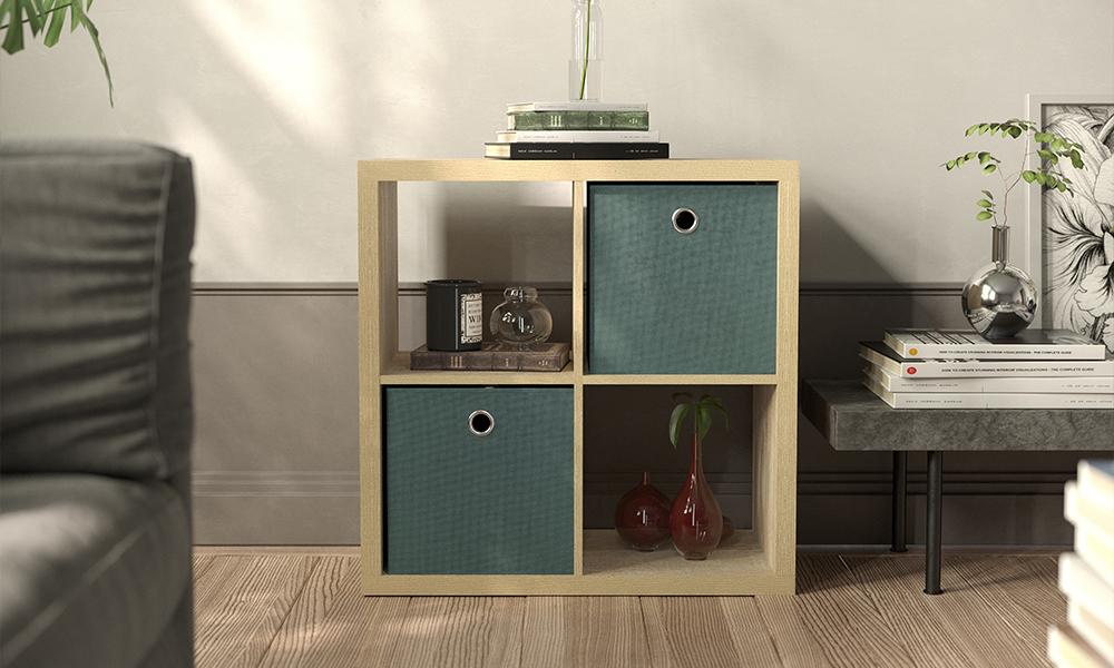 Flexi Storage Clever Cube Oak 2x2 Unit with Jade Green Inserts in Living Room